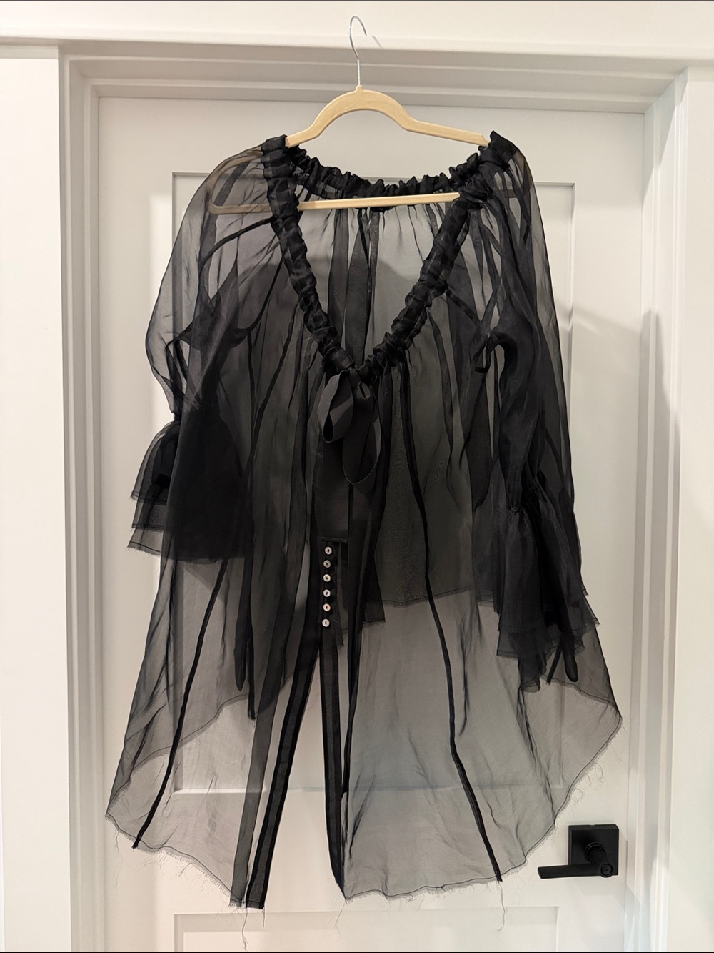 Amano by Lorena Laing Sheer bkack Dot Peasant Blouse with Ribbon Tie